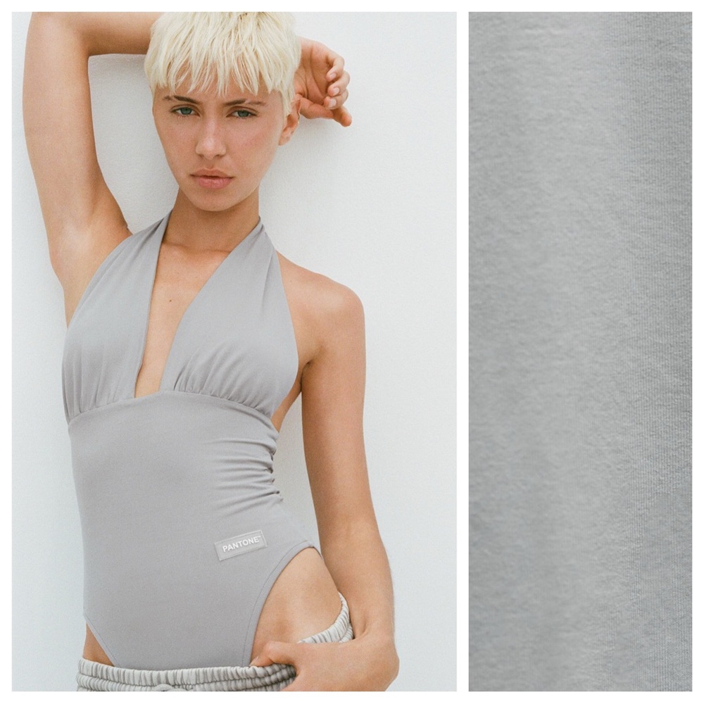 NWT. Zara PANTONE™ Grey Polyamide Halter Neck Bodysuit with V-neckline. Size M.